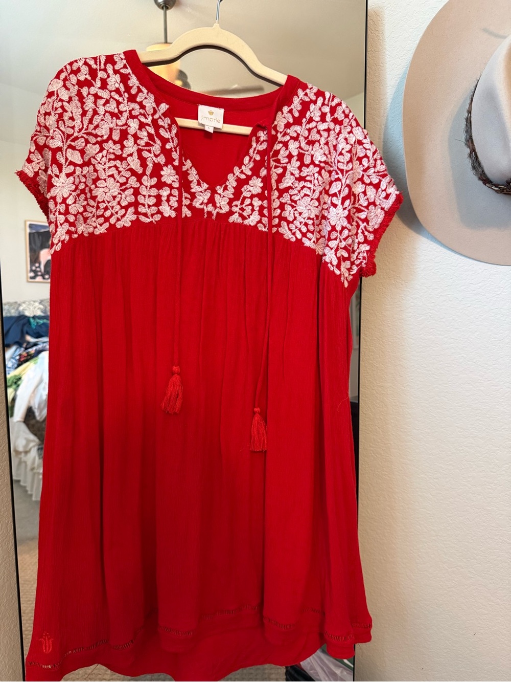 J. Marie  Red V-Neck Embroidered Tassel Tunic